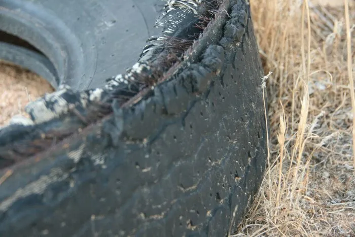 An image of a vehicle’s tire in a field of tall grass.