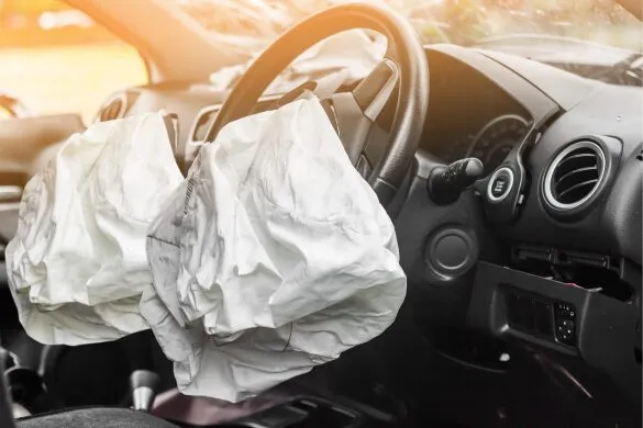 An image of a car’s front seat showing the airbags located in the steering wheel