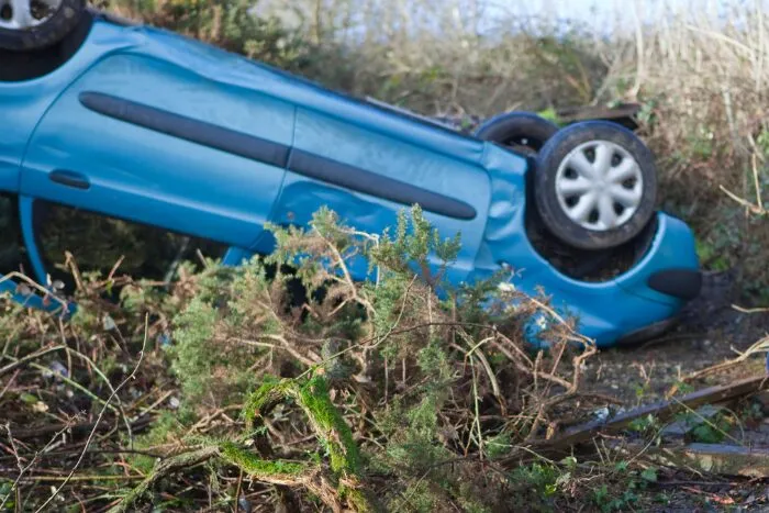 A blue vehicle is tumbling in a field of tall grass.