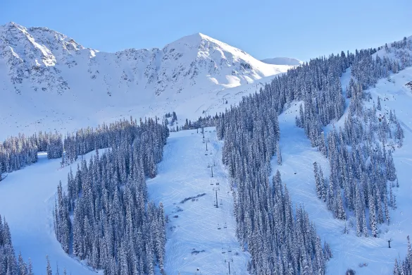 A wide shot of a snowy mountain slope at a ski resort, showing groomed runs bordered by snow-covered evergreen trees.