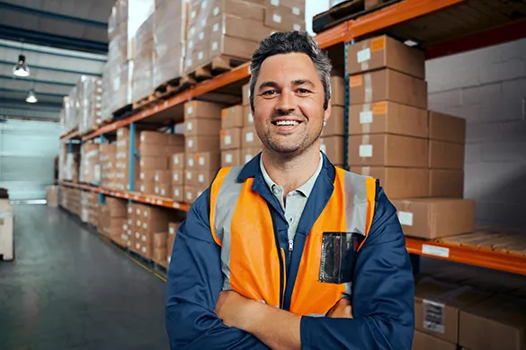 A smiling male warehouse worker in a blue shirt and an orange safety vest stands with his arms crossed in an aisle.